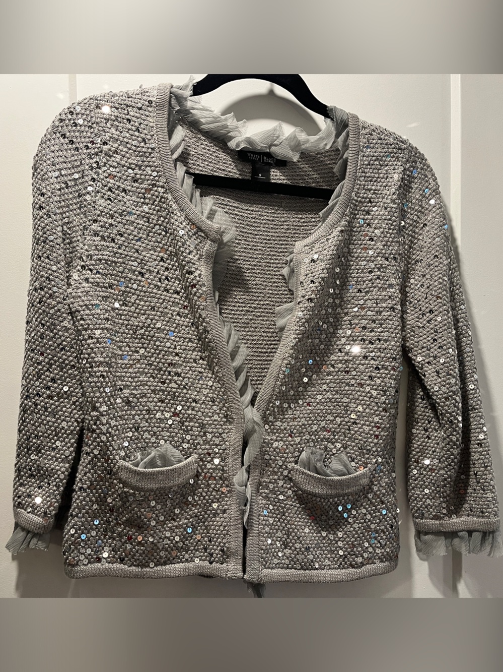 White House Black Market Gray Sequin Knit Cardigan